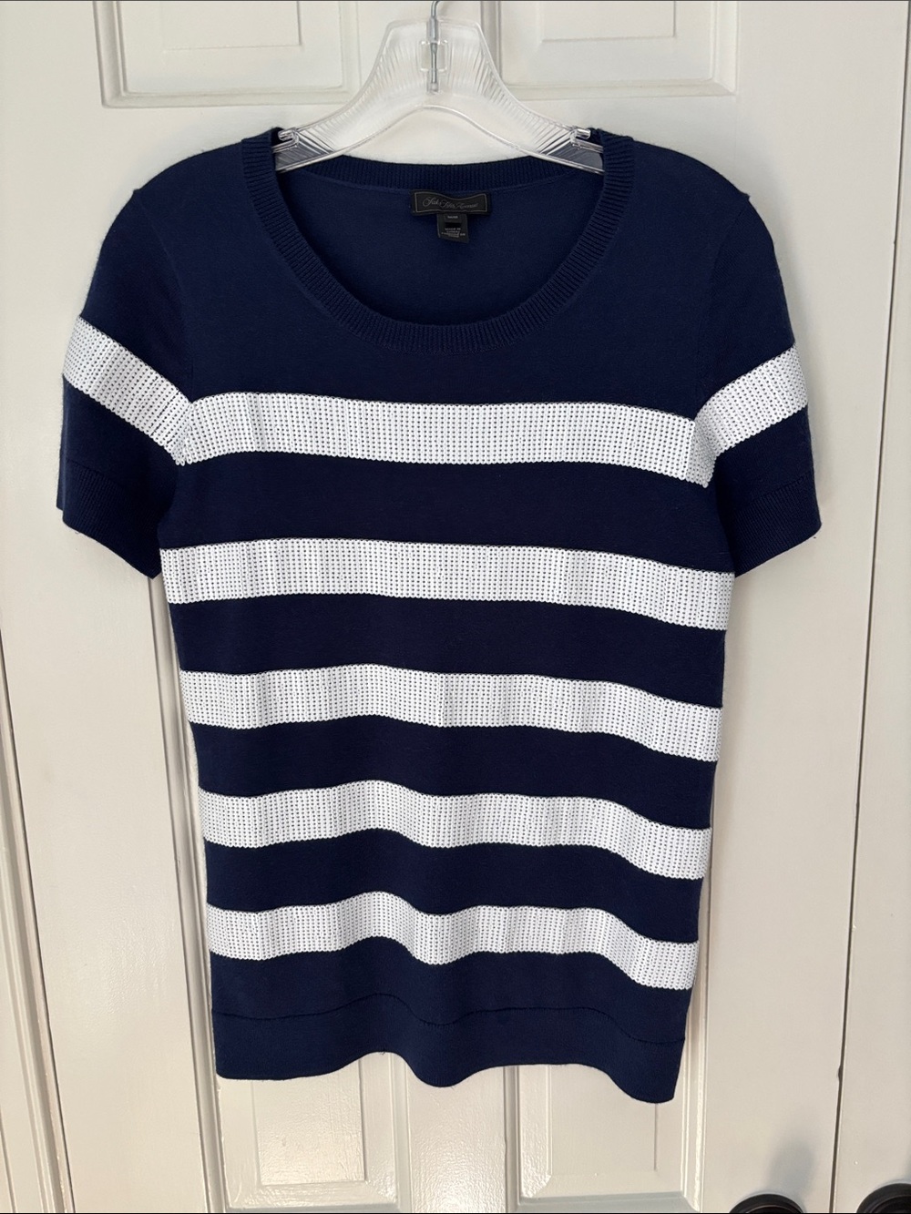 Saks Fifth Avenue Navy and White sequined Striped Short-Sleeve Cashmere Sweater